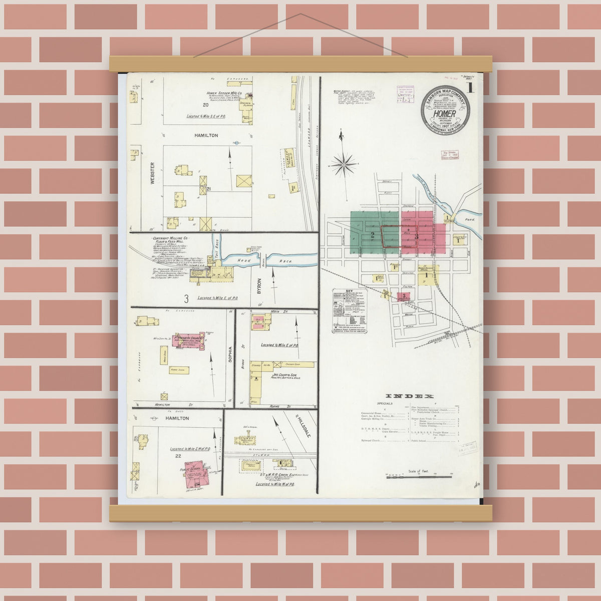 Old map wall art mockup — magnetic wood frame on brick wall — Sanborn Fire Insurance Map from Homer, Calhoun County, Michigan (1907), Sheet #0001