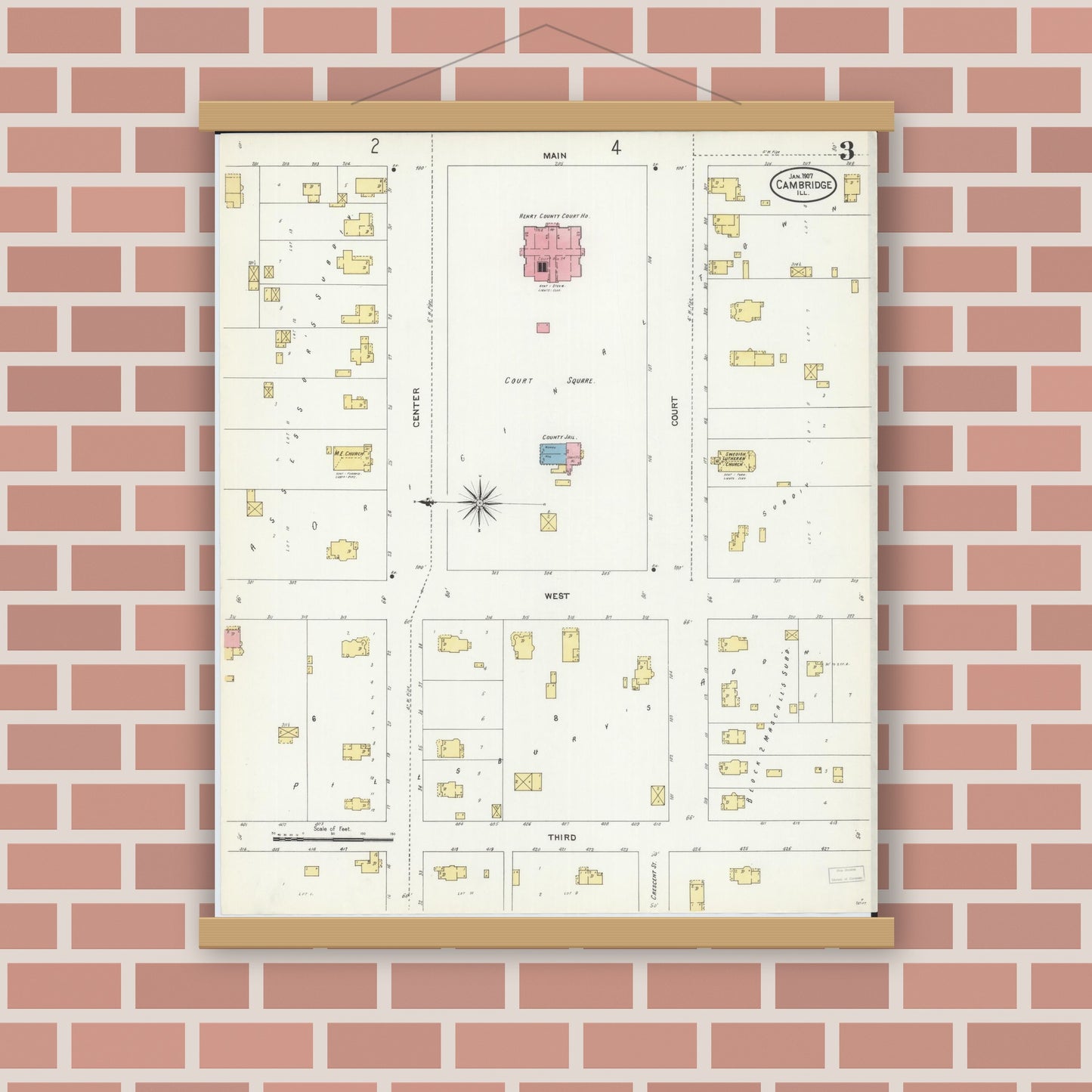 Old map wall art mockup — magnetic wood frame on brick wall — Sanborn Fire Insurance Map from Cambridge, Henry County, Illinois (1907), Sheet #0003