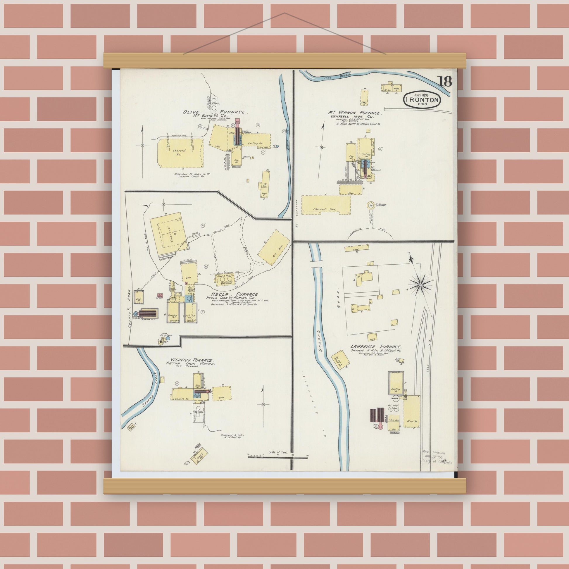 Old map wall art mockup — magnetic wood frame on brick wall — Sanborn Fire Insurance Map from Ironton, Lawrence County, Ohio (1893), Sheet #0018