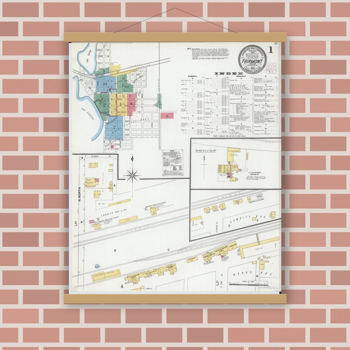 Old map wall art mockup — magnetic wood frame on brick wall — Sanborn Fire Insurance Map from Fairmont, Martin County, Minnesota (1905), Sheet #0001