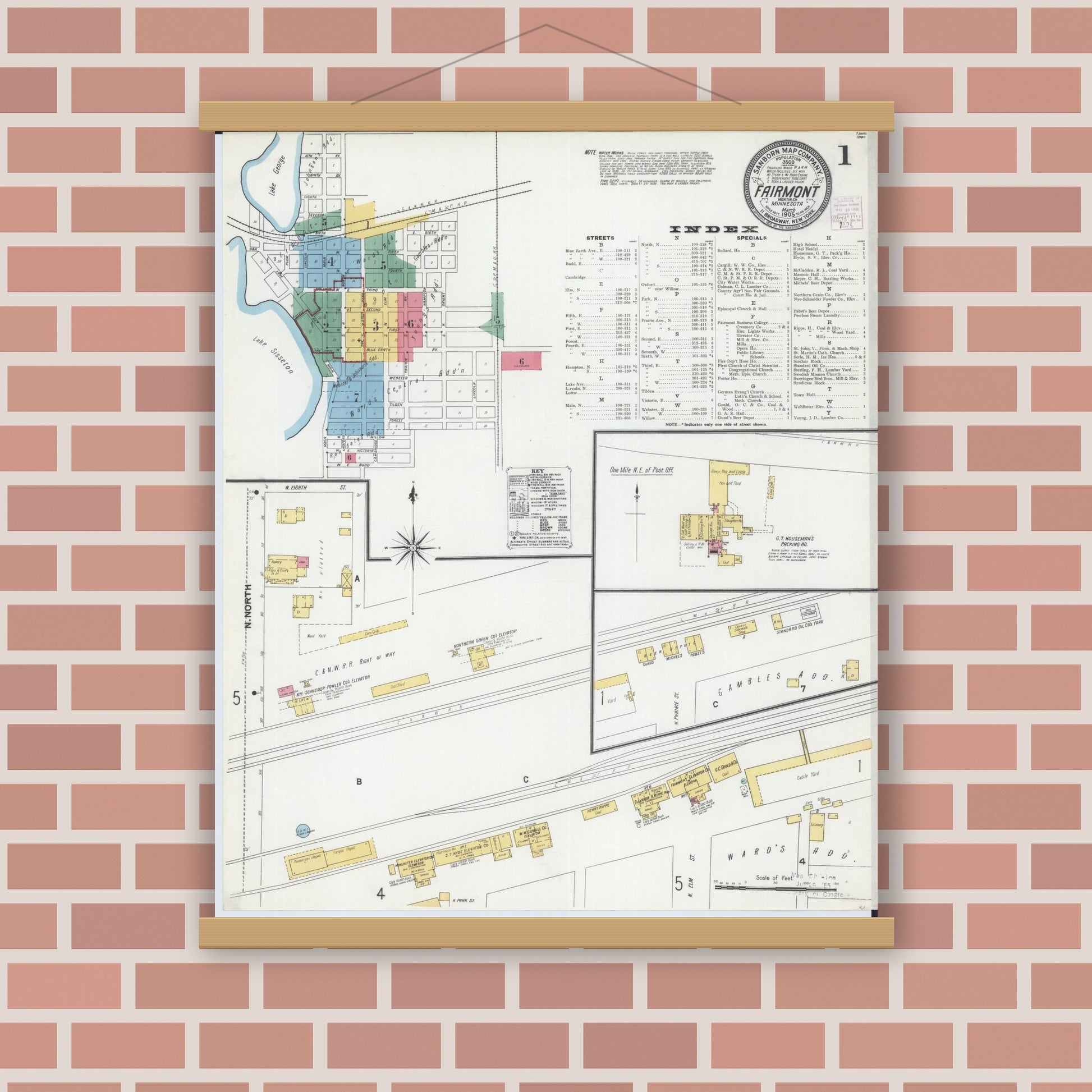 Old map wall art mockup — magnetic wood frame on brick wall — Sanborn Fire Insurance Map from Fairmont, Martin County, Minnesota (1905), Sheet #0001