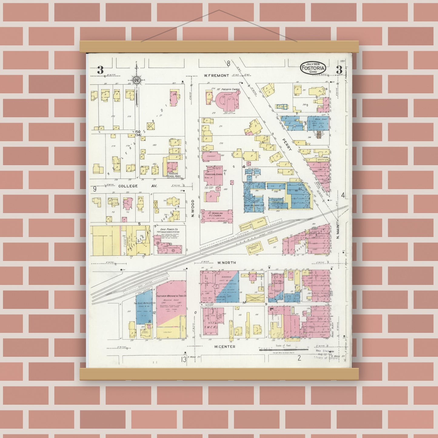 Old map wall art mockup — magnetic wood frame on brick wall — Sanborn Fire Insurance Map from Fostoria, Seneca, Hancock, And Wood Counties, Ohio (1924), Sheet #0003