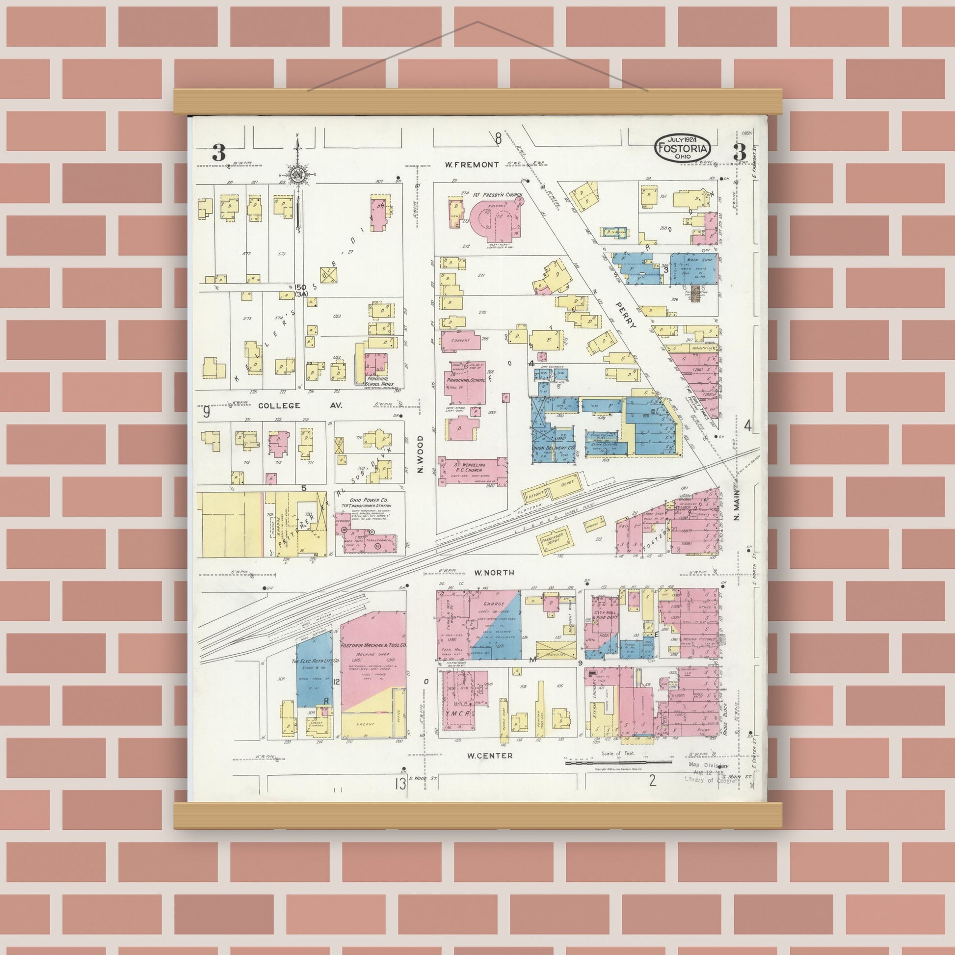 Old map wall art mockup — magnetic wood frame on brick wall — Sanborn Fire Insurance Map from Fostoria, Seneca, Hancock, And Wood Counties, Ohio (1924), Sheet #0003