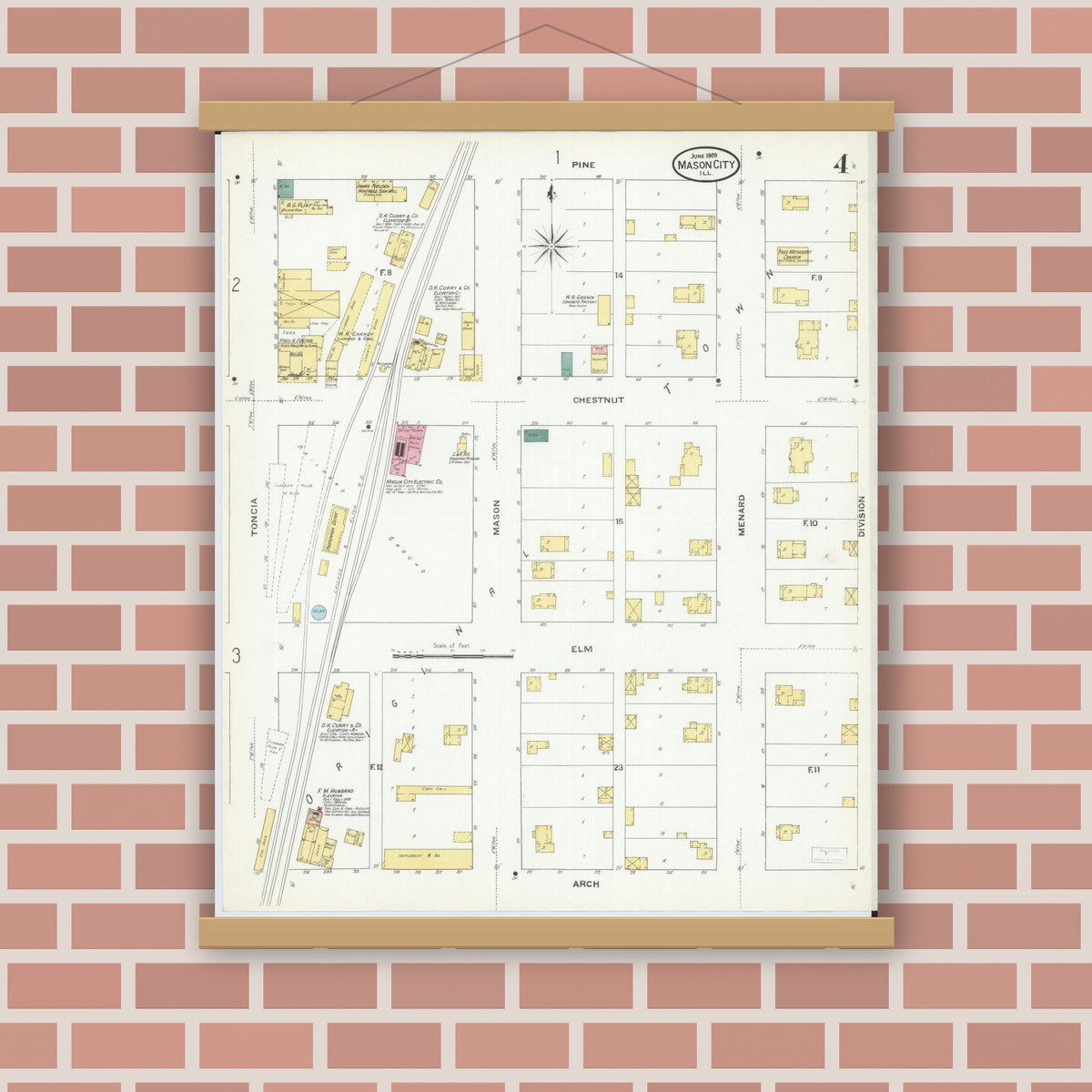 Old map wall art mockup — magnetic wood frame on brick wall — Sanborn Fire Insurance Map from Mason City, Mason County, Illinois (1909), Sheet #0004
