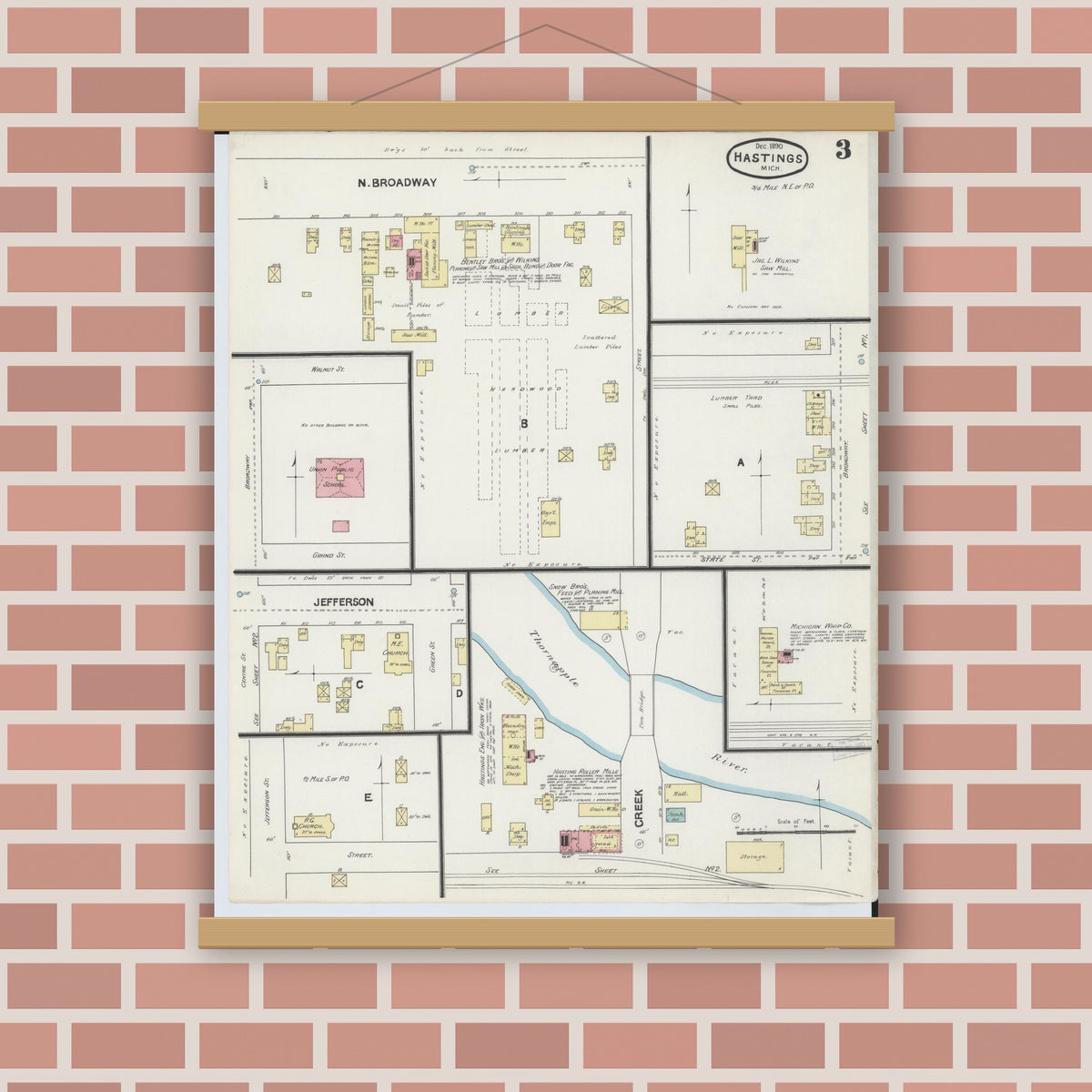 Old map wall art mockup — magnetic wood frame on brick wall — Sanborn Fire Insurance Map from Hastings, Barry County, Michigan (1891), Sheet #0003