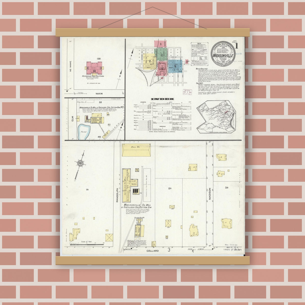 Old map wall art mockup — magnetic wood frame on brick wall — Sanborn Fire Insurance Map from Madisonville, Madison County, Texas (1914) - Complete Map Set