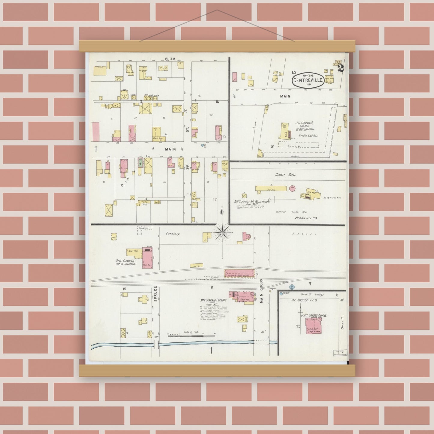 Old map wall art mockup — magnetic wood frame on brick wall — Sanborn Fire Insurance Map from Centerville, Wayne County, Indiana (1896), Sheet #0002