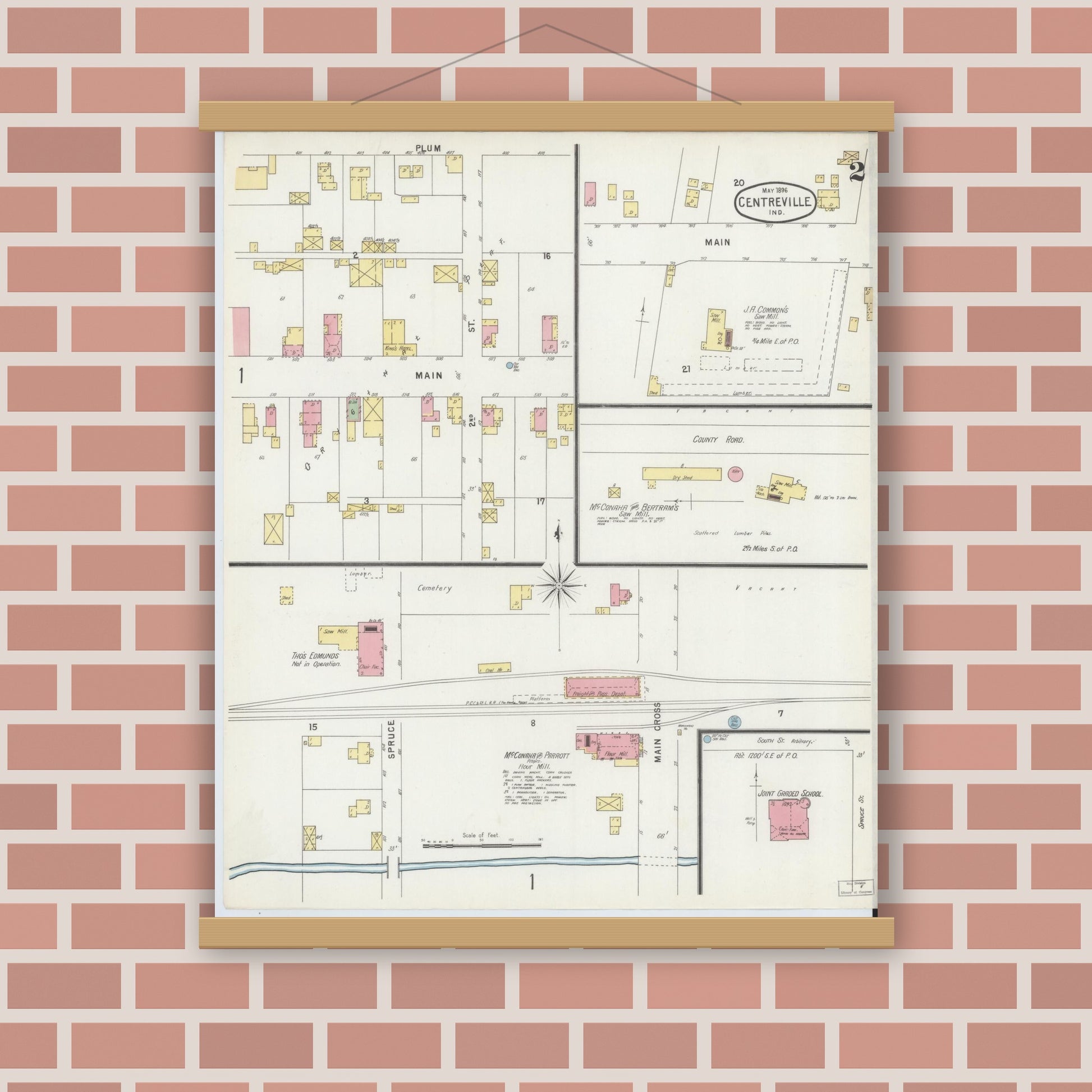 Old map wall art mockup — magnetic wood frame on brick wall — Sanborn Fire Insurance Map from Centerville, Wayne County, Indiana (1896), Sheet #0002