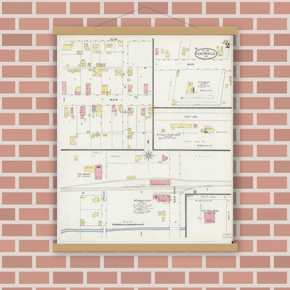 Old map wall art mockup — magnetic wood frame on brick wall — Sanborn Fire Insurance Map from Centerville, Wayne County, Indiana (1896), Sheet #0002