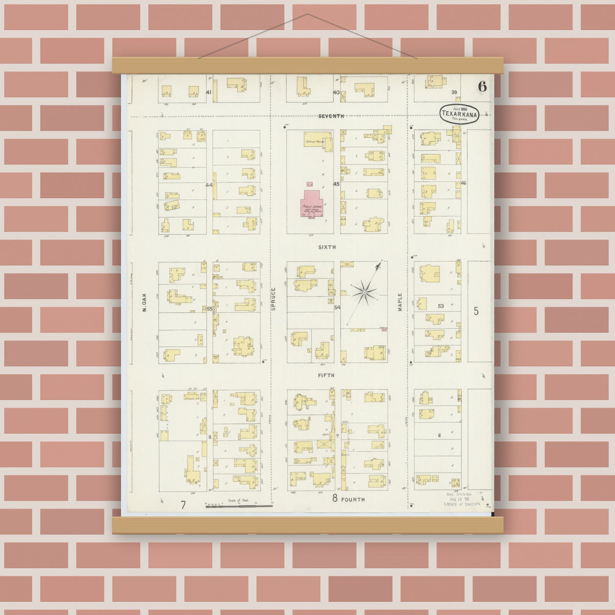Old map wall art mockup — magnetic wood frame on brick wall — Sanborn Fire Insurance Map from Texarkana, Bowie County, Texas (1896), Sheet #0006