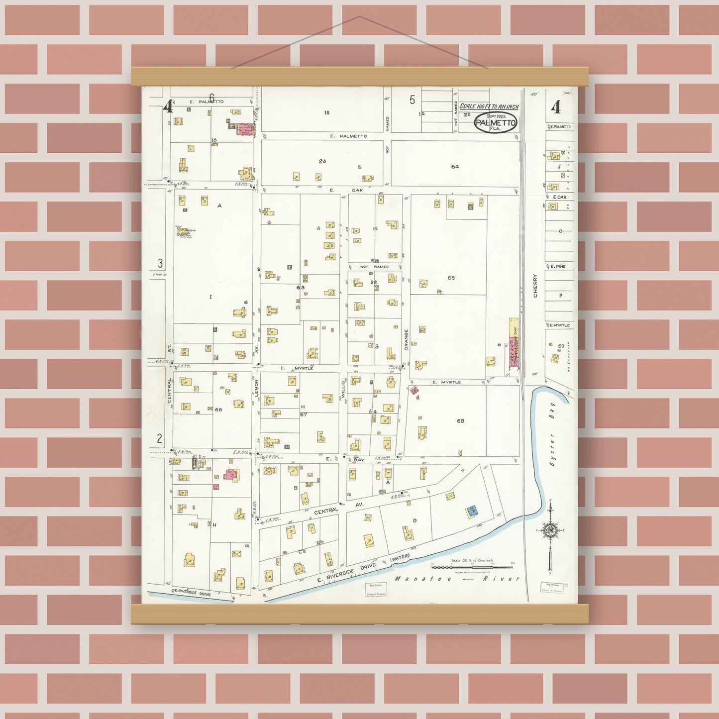 Old map wall art mockup — magnetic wood frame on brick wall — Sanborn Fire Insurance Map from Palmetto, Manatee County, Florida (1923), Sheet #0004