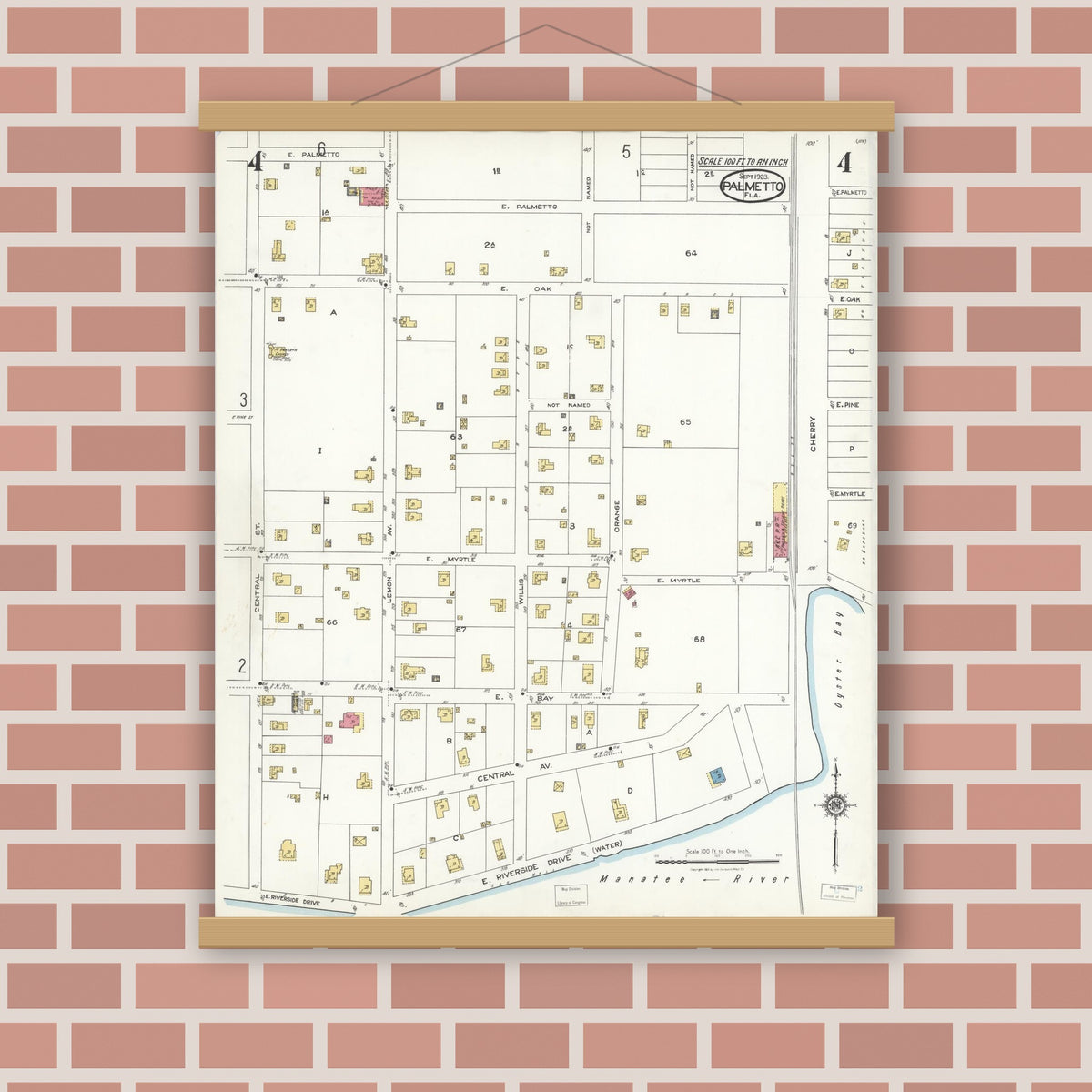 Old map wall art mockup — magnetic wood frame on brick wall — Sanborn Fire Insurance Map from Palmetto, Manatee County, Florida (1923), Sheet #0004