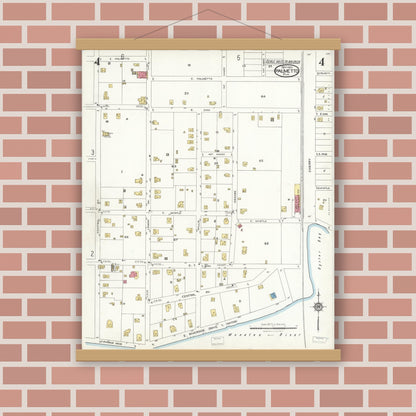 Old map wall art mockup — magnetic wood frame on brick wall — Sanborn Fire Insurance Map from Palmetto, Manatee County, Florida (1923), Sheet #0004