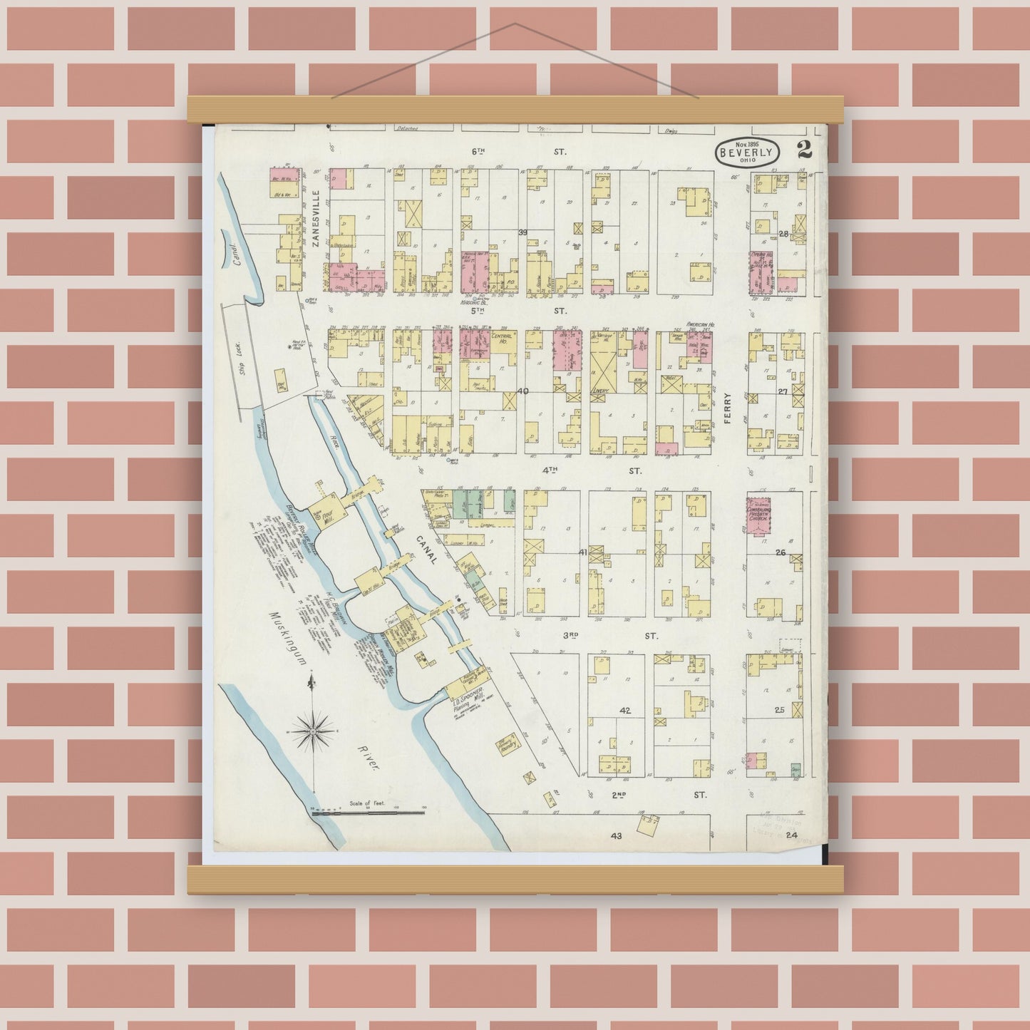 Old map wall art mockup — magnetic wood frame on brick wall — Sanborn Fire Insurance Map from Beverly, Washington County, Ohio (1895), Sheet #0002