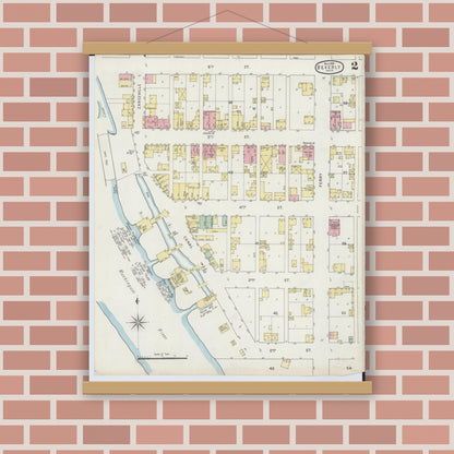 Old map wall art mockup — magnetic wood frame on brick wall — Sanborn Fire Insurance Map from Beverly, Washington County, Ohio (1895), Sheet #0002