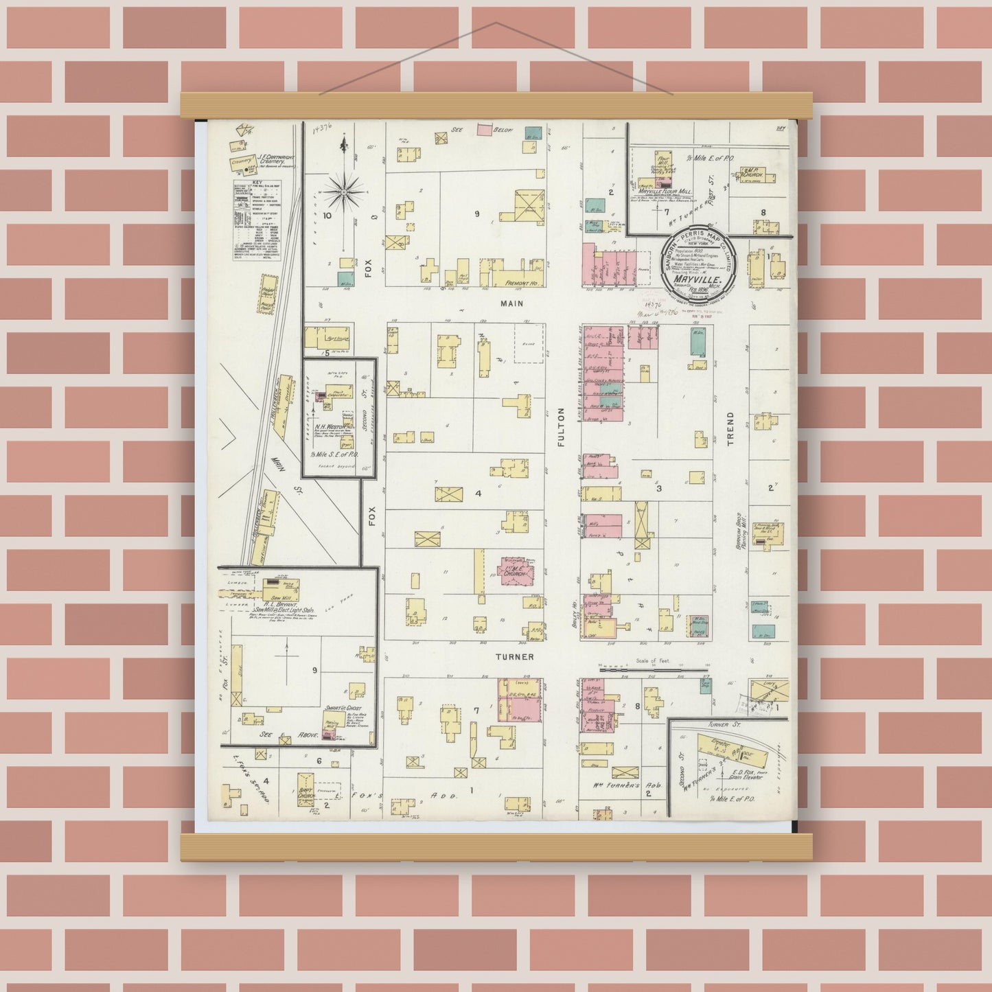 Old map wall art mockup — magnetic wood frame on brick wall — Sanborn Fire Insurance Map from Mayville, Tuscola County, Michigan (1896), Sheet #0001
