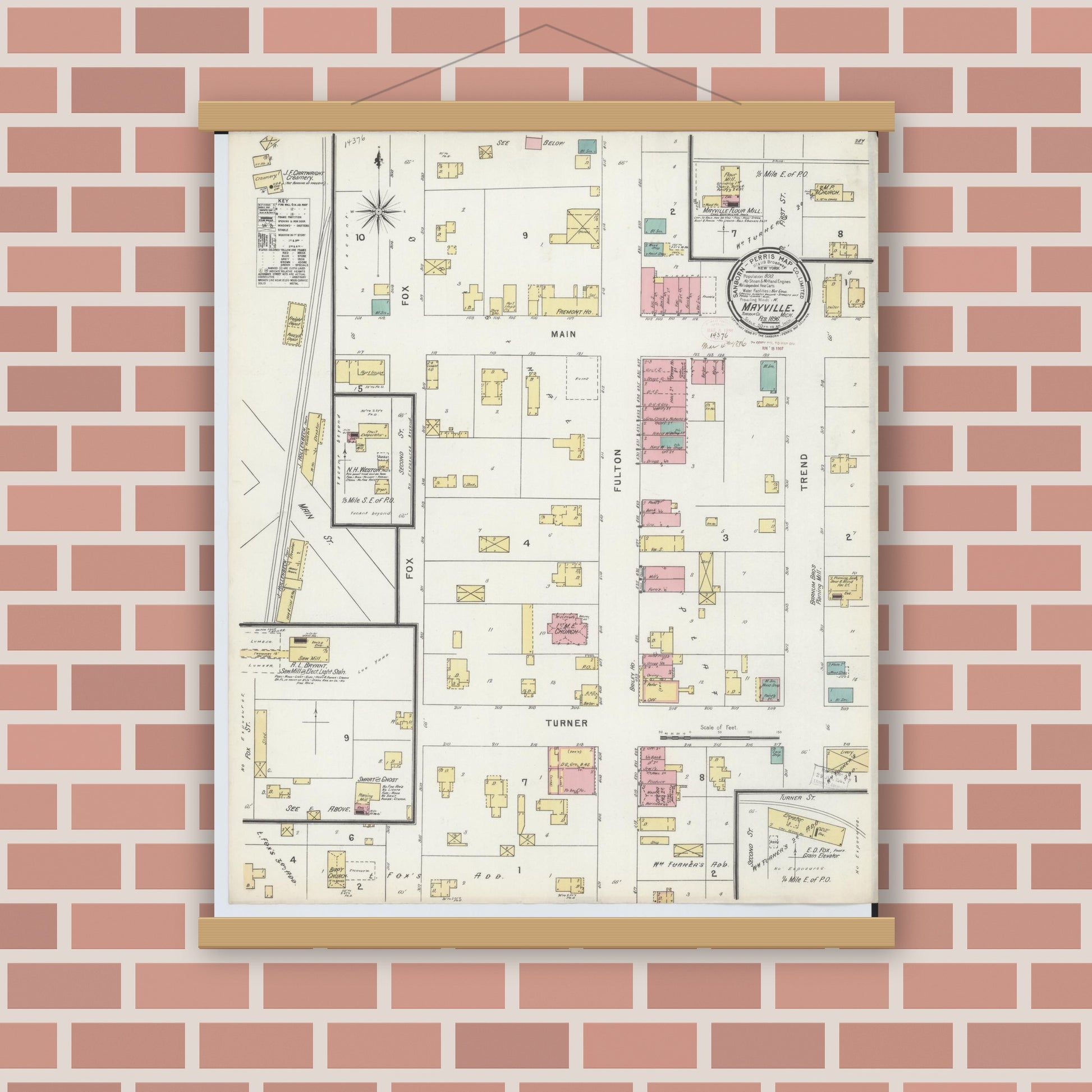 Old map wall art mockup — magnetic wood frame on brick wall — Sanborn Fire Insurance Map from Mayville, Tuscola County, Michigan (1896), Sheet #0001