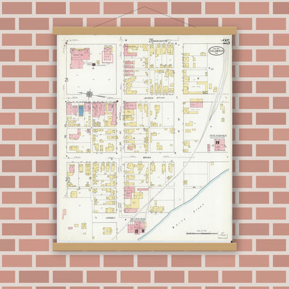 Old map wall art mockup — magnetic wood frame on brick wall — Sanborn Fire Insurance Map from Columbus, Bartholomew County, Indiana (1912), Sheet #0025