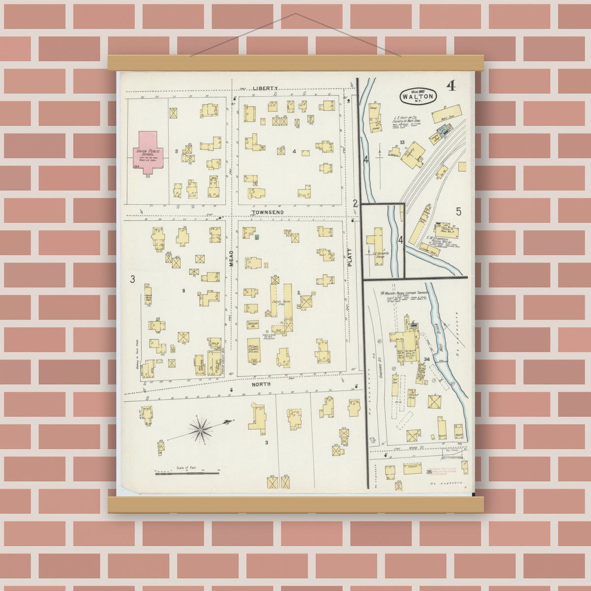 Old map wall art mockup — magnetic wood frame on brick wall — Sanborn Fire Insurance Map from Walton, Delaware County, New York (1897), Sheet #0004