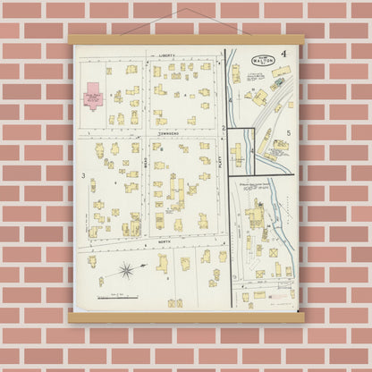 Old map wall art mockup — magnetic wood frame on brick wall — Sanborn Fire Insurance Map from Walton, Delaware County, New York (1897), Sheet #0004