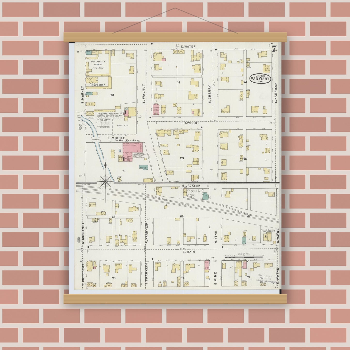 Old map wall art mockup — magnetic wood frame on brick wall — Sanborn Fire Insurance Map from Van Wert, Van Wert County, Ohio (1895), Sheet #0007
