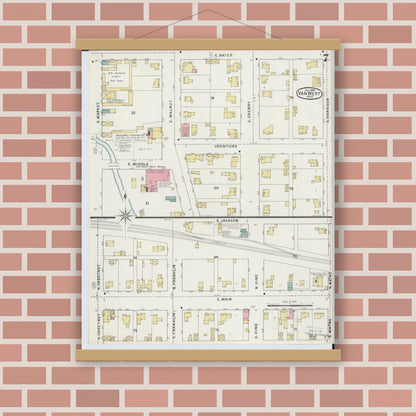 Old map wall art mockup — magnetic wood frame on brick wall — Sanborn Fire Insurance Map from Van Wert, Van Wert County, Ohio (1895), Sheet #0007