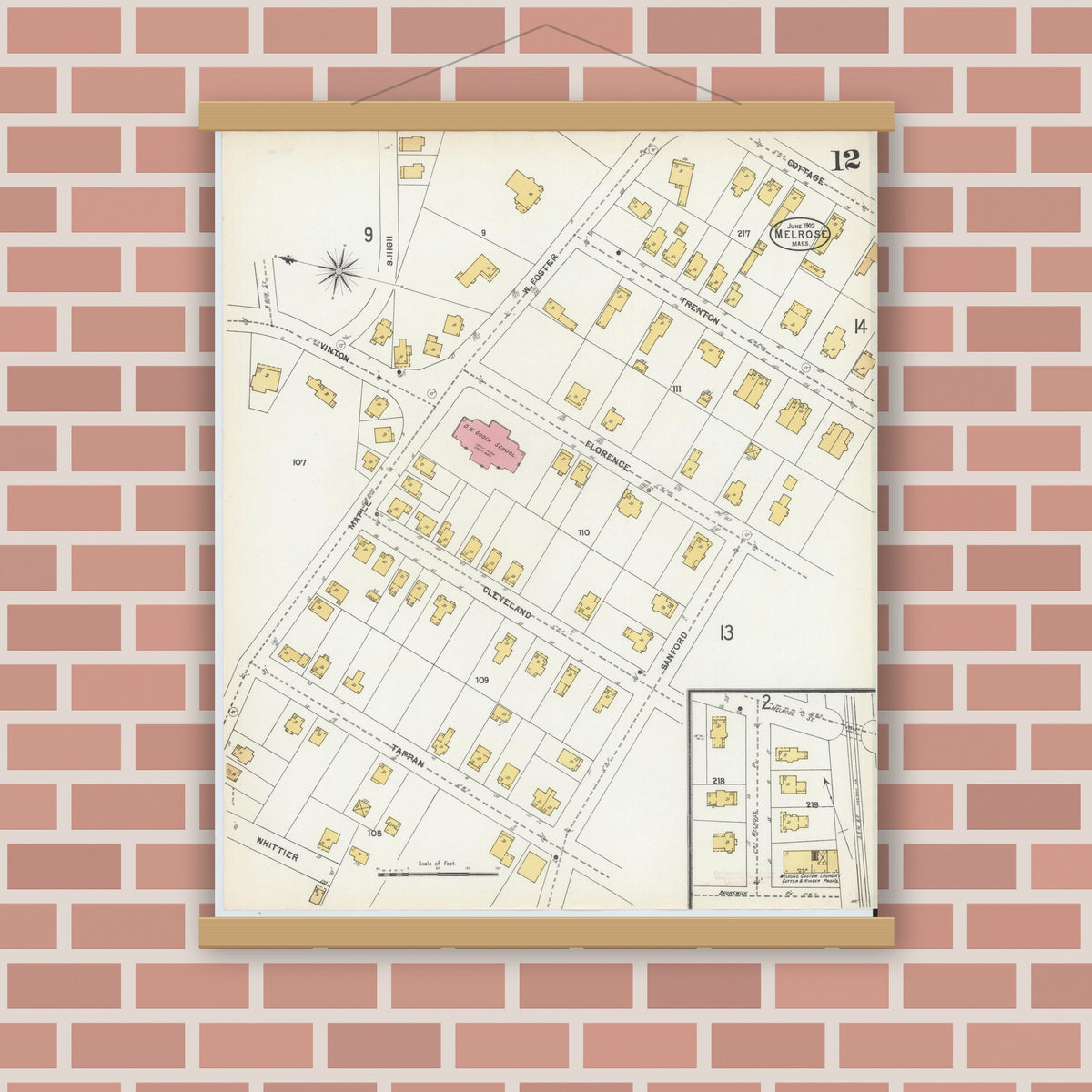 Old map wall art mockup — magnetic wood frame on brick wall — Sanborn Fire Insurance Map from Melrose, Middlesex County, Massachusetts (1903), Sheet #0012