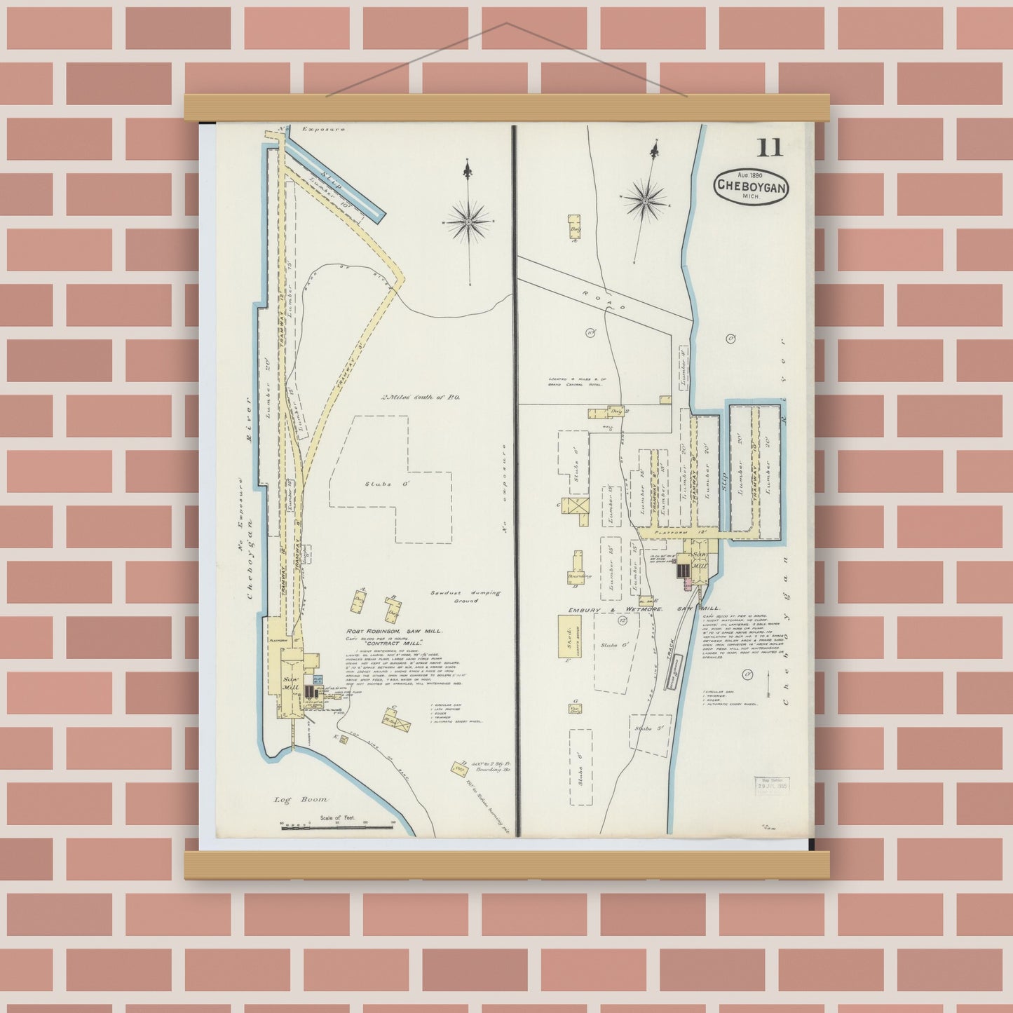 Old map wall art mockup — magnetic wood frame on brick wall — Sanborn Fire Insurance Map from Cheboygan, Cheboygan County, Michigan (1890), Sheet #0011
