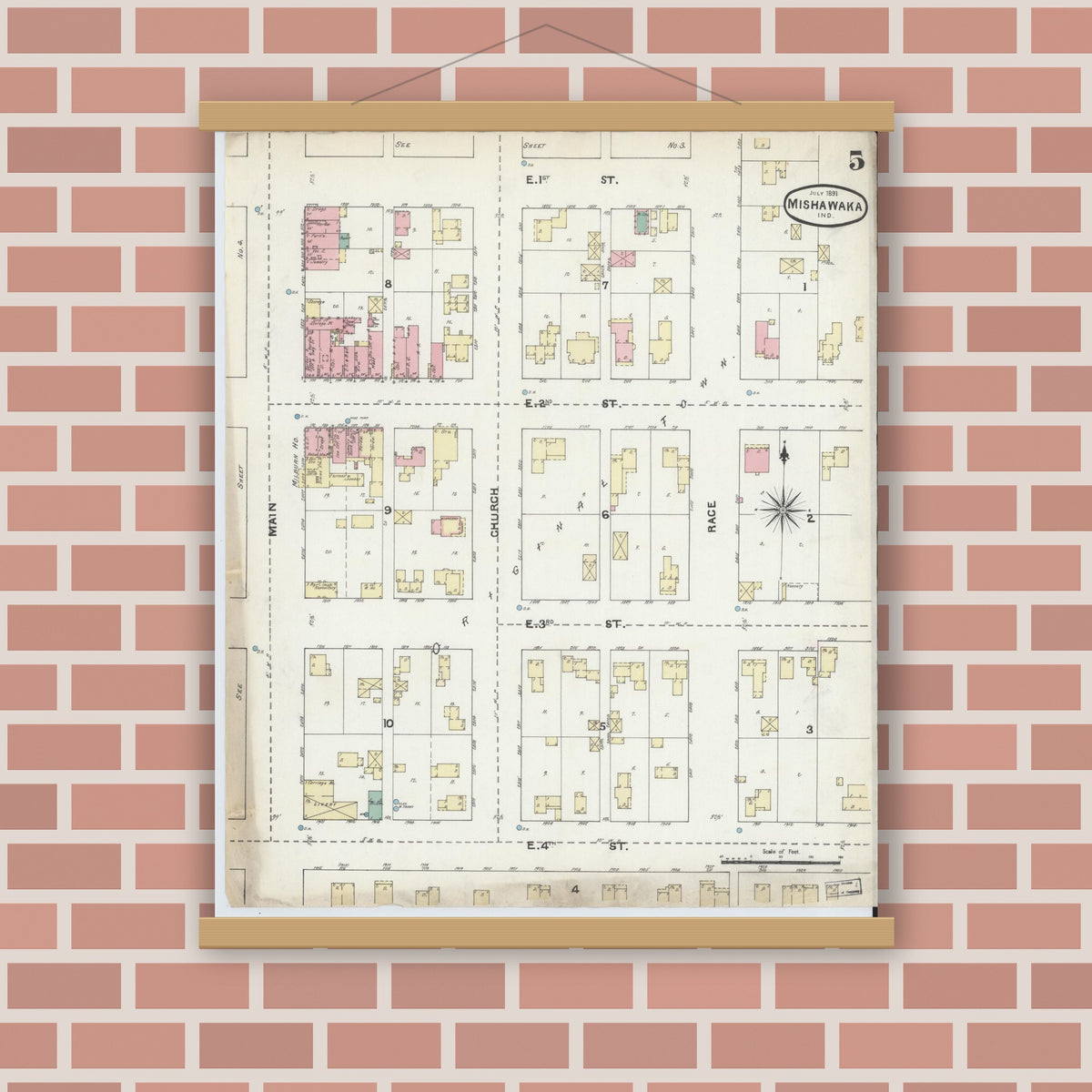 Old map wall art mockup — magnetic wood frame on brick wall — Sanborn Fire Insurance Map from Mishawaka, Saint Joseph County, Indiana (1891), Sheet #0005