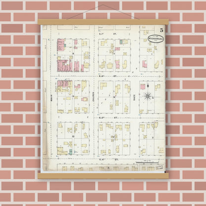 Old map wall art mockup — magnetic wood frame on brick wall — Sanborn Fire Insurance Map from Mishawaka, Saint Joseph County, Indiana (1891), Sheet #0005