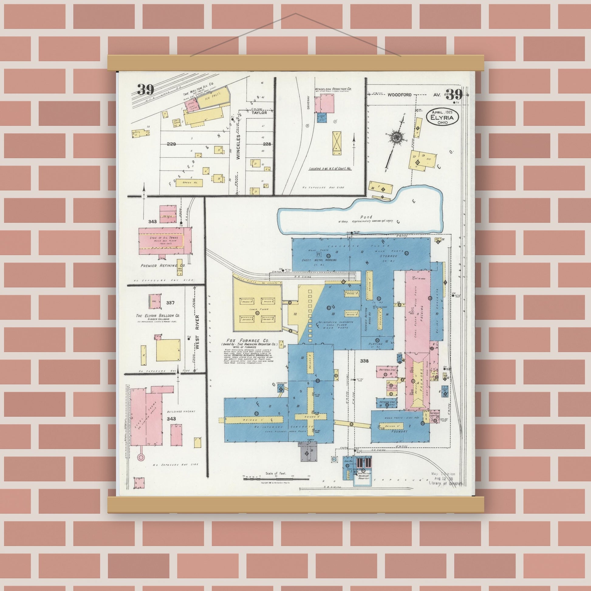 Old map wall art mockup — magnetic wood frame on brick wall — Sanborn Fire Insurance Map from Elyria, Lorain County, Ohio (1925), Sheet #0039