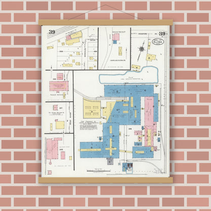 Old map wall art mockup — magnetic wood frame on brick wall — Sanborn Fire Insurance Map from Elyria, Lorain County, Ohio (1925), Sheet #0039