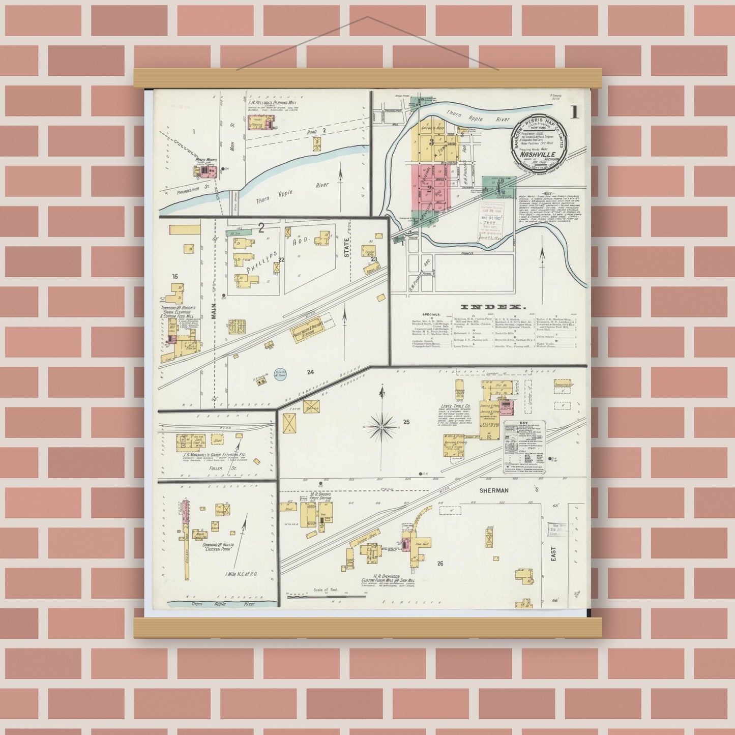 Old map wall art mockup — magnetic wood frame on brick wall — Sanborn Fire Insurance Map from Nashville, Barry County, Michigan (1900) - Complete Map Set