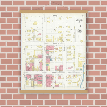 Old map wall art mockup — magnetic wood frame on brick wall — Sanborn Fire Insurance Map from Decatur, Adams County, Indiana (1907), Sheet #0005