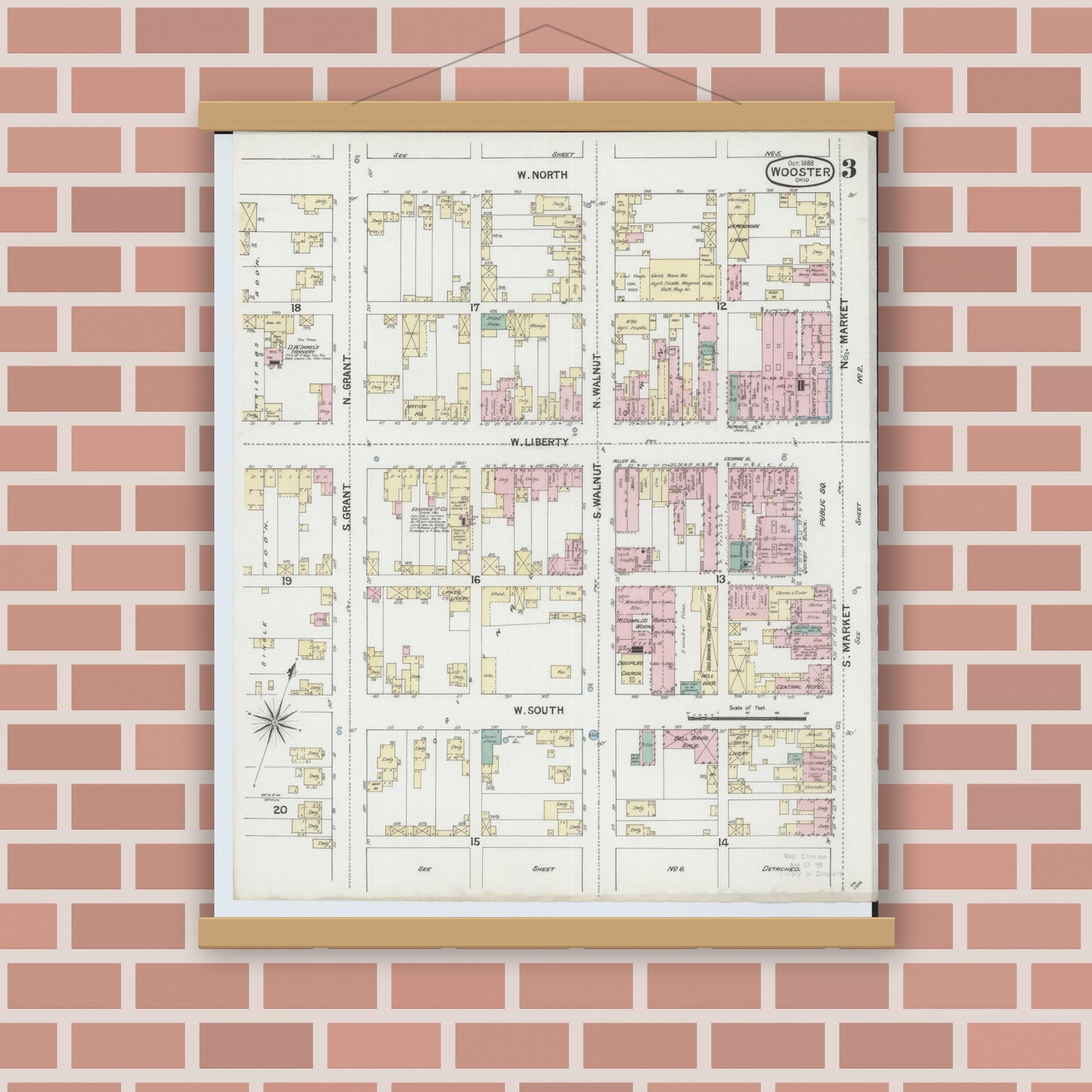 Old map wall art mockup — magnetic wood frame on brick wall — Sanborn Fire Insurance Map from Wooster, Wayne County, Ohio (1888), Sheet #0003