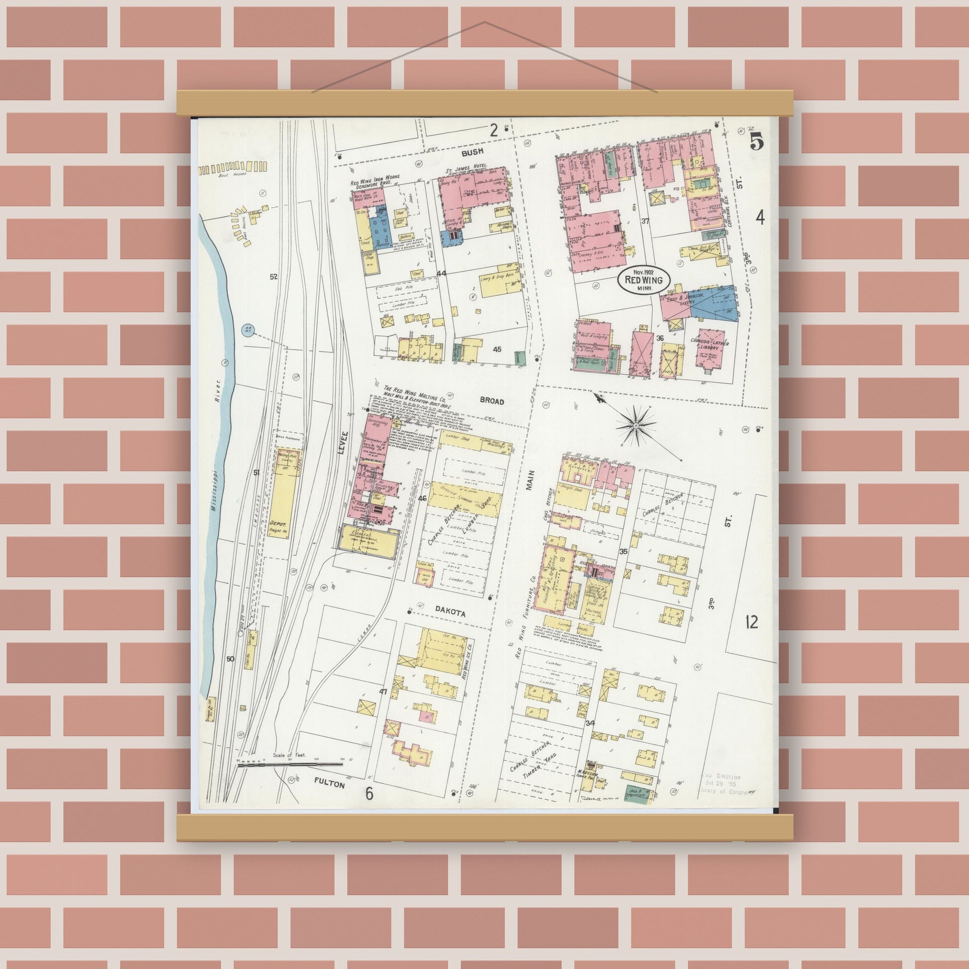 Old map wall art mockup — magnetic wood frame on brick wall — Sanborn Fire Insurance Map from Red Wing, Goodhue County, Minnesota (1902), Sheet #0005