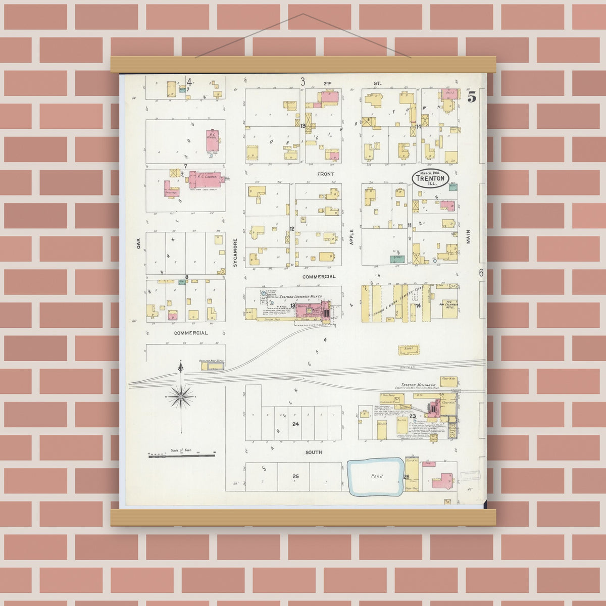Old map wall art mockup — magnetic wood frame on brick wall — Sanborn Fire Insurance Map from Trenton, Clinton County, Illinois (1906), Sheet #0005