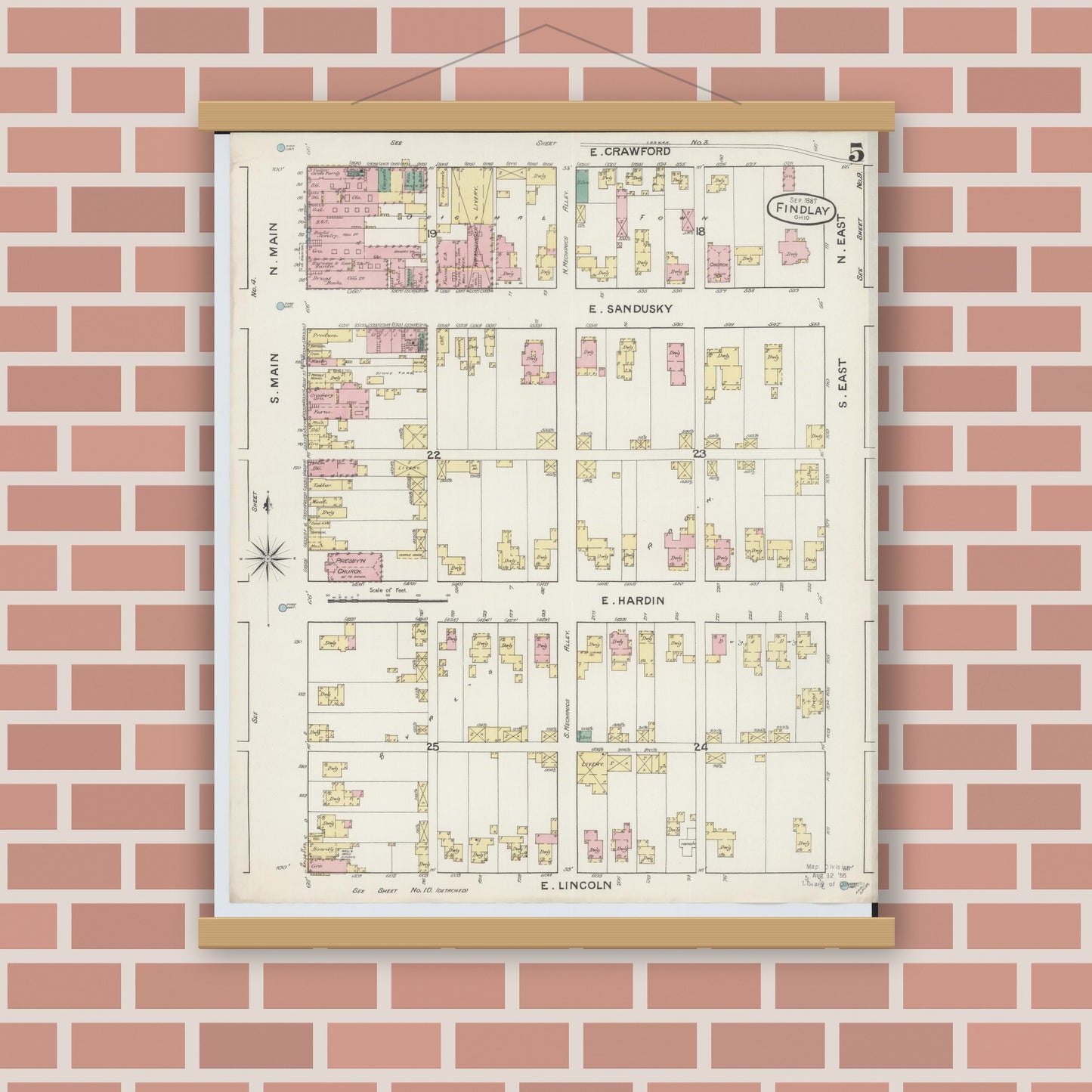 Old map wall art mockup — magnetic wood frame on brick wall — Sanborn Fire Insurance Map from Findlay, Hancock County, Ohio (1887), Sheet #0005