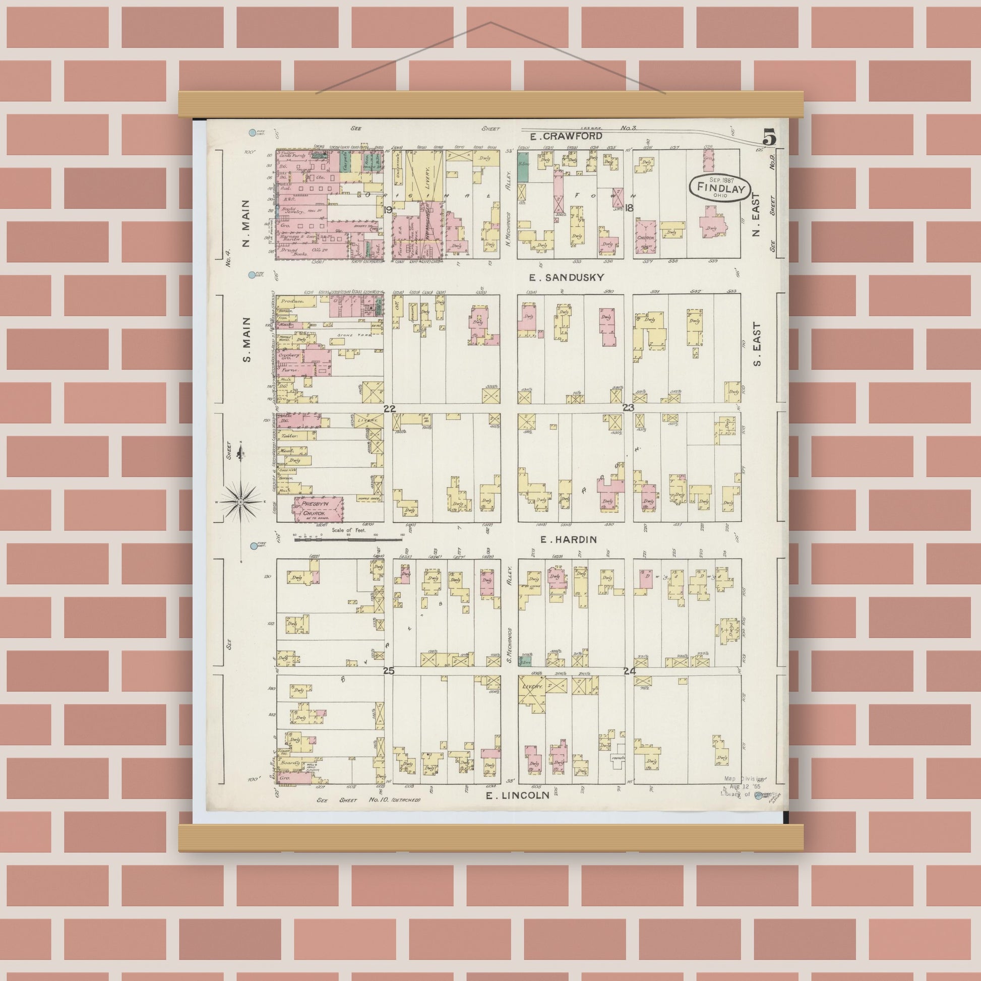 Old map wall art mockup — magnetic wood frame on brick wall — Sanborn Fire Insurance Map from Findlay, Hancock County, Ohio (1887), Sheet #0005