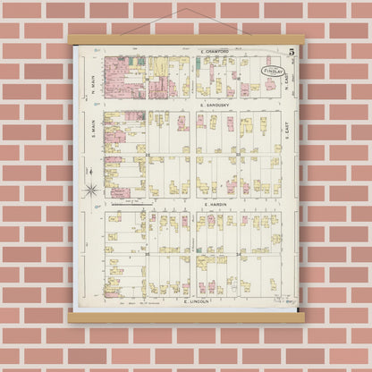 Old map wall art mockup — magnetic wood frame on brick wall — Sanborn Fire Insurance Map from Findlay, Hancock County, Ohio (1887), Sheet #0005