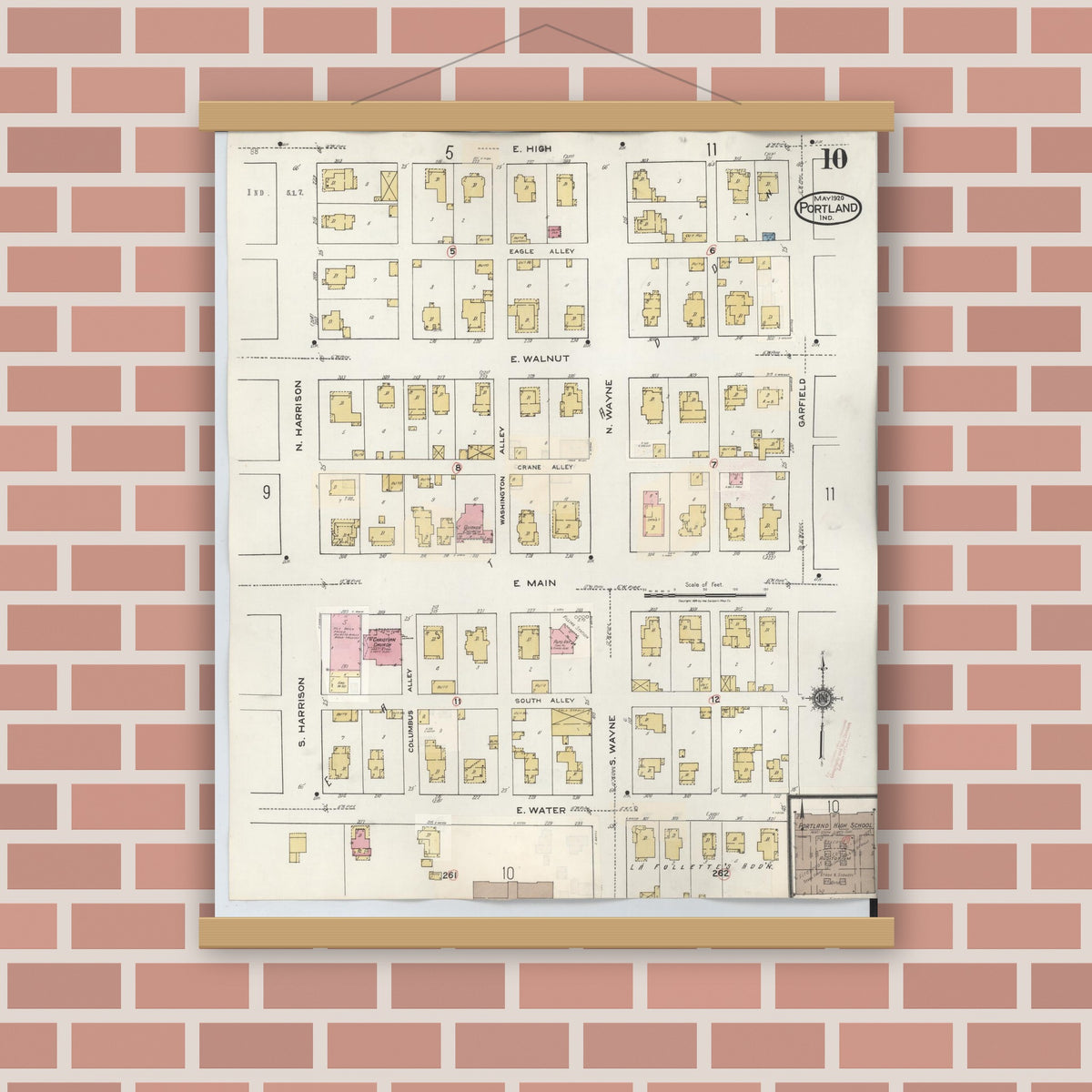 Old map wall art mockup — magnetic wood frame on brick wall — Sanborn Fire Insurance Map from Portland, Jay County, Indiana (1946), Sheet #0010
