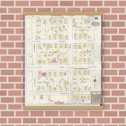 Old map wall art mockup — magnetic wood frame on brick wall — Sanborn Fire Insurance Map from Portland, Jay County, Indiana (1946), Sheet #0010