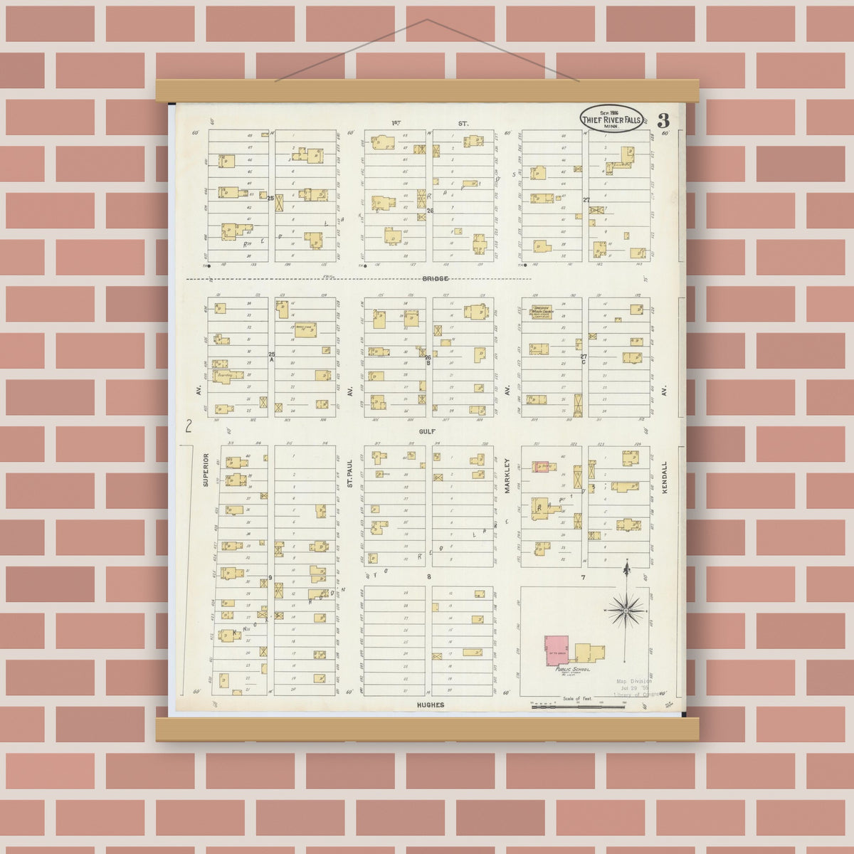 Old map wall art mockup — magnetic wood frame on brick wall — Sanborn Fire Insurance Map from Thief River Falls, Pennington County, Minnesota (1906), Sheet #0003