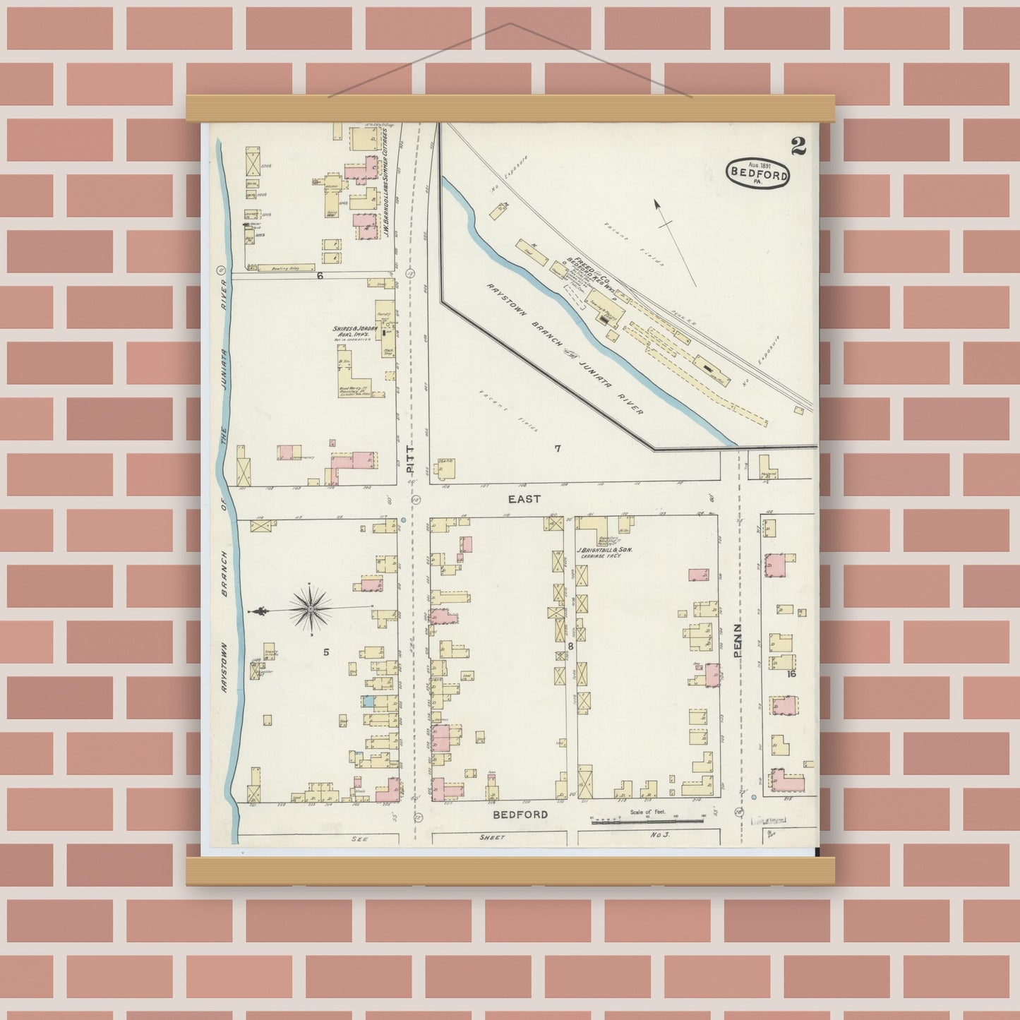 Old map wall art mockup — magnetic wood frame on brick wall — Sanborn Fire Insurance Map from Bedford, Bedford County, Pennsylvania (1891), Sheet #0002