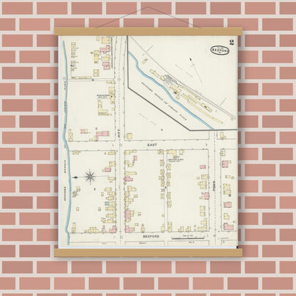 Old map wall art mockup — magnetic wood frame on brick wall — Sanborn Fire Insurance Map from Bedford, Bedford County, Pennsylvania (1891), Sheet #0002