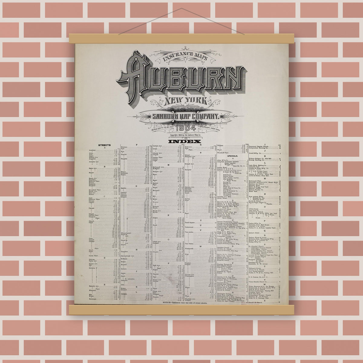 Old map wall art mockup — magnetic wood frame on brick wall — Sanborn Fire Insurance Map from Auburn, Cayuga County, New York (1904), Sheet #0001