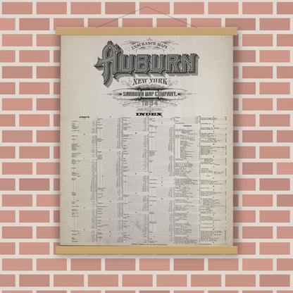 Old map wall art mockup — magnetic wood frame on brick wall — Sanborn Fire Insurance Map from Auburn, Cayuga County, New York (1904), Sheet #0001