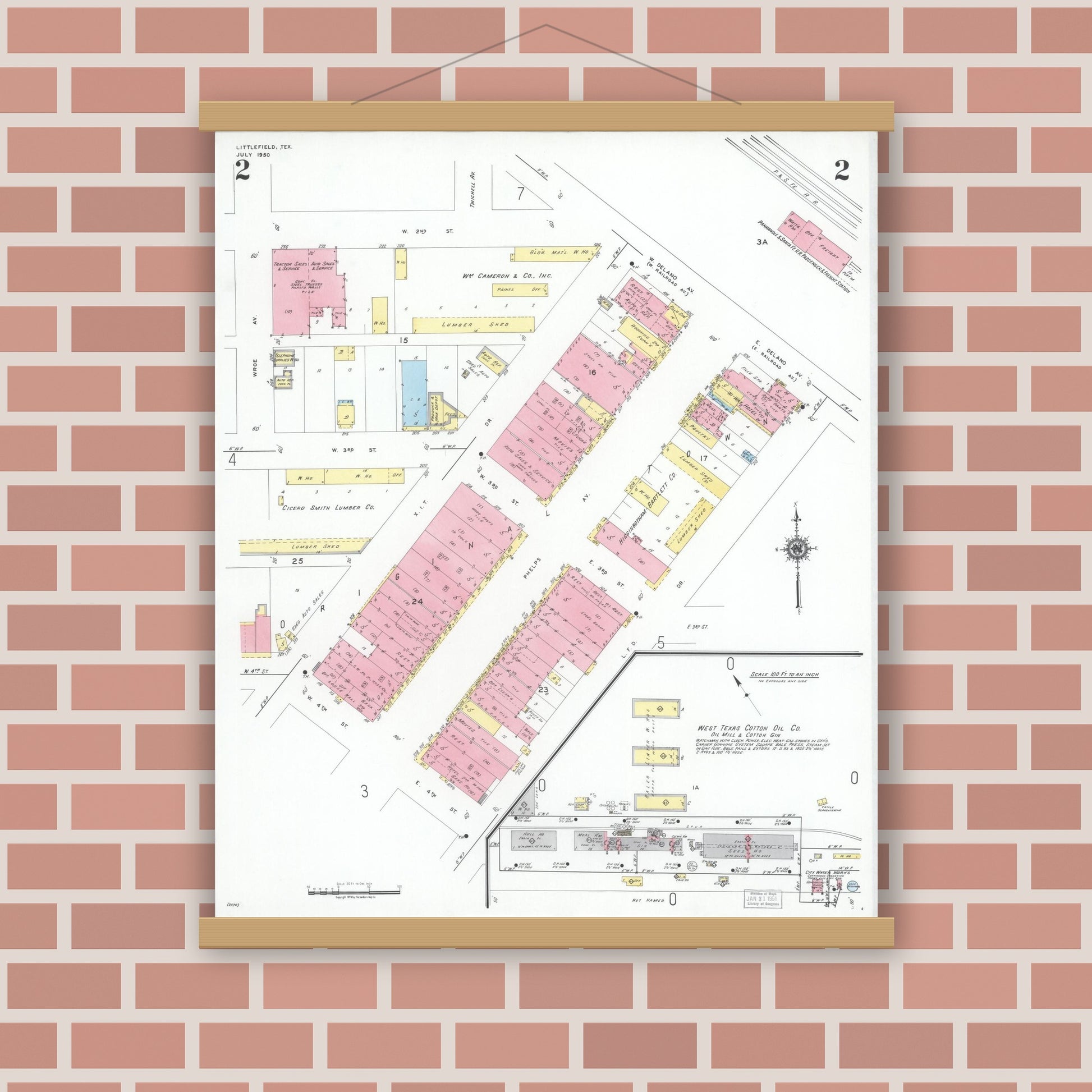 Old map wall art mockup — magnetic wood frame on brick wall — Sanborn Fire Insurance Map from Littlefield, Lamb County, Texas (1950), Sheet #0002