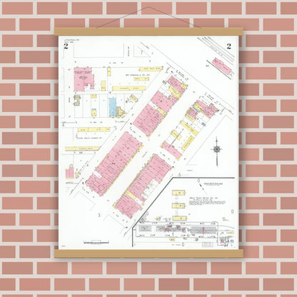 Old map wall art mockup — magnetic wood frame on brick wall — Sanborn Fire Insurance Map from Littlefield, Lamb County, Texas (1950), Sheet #0002