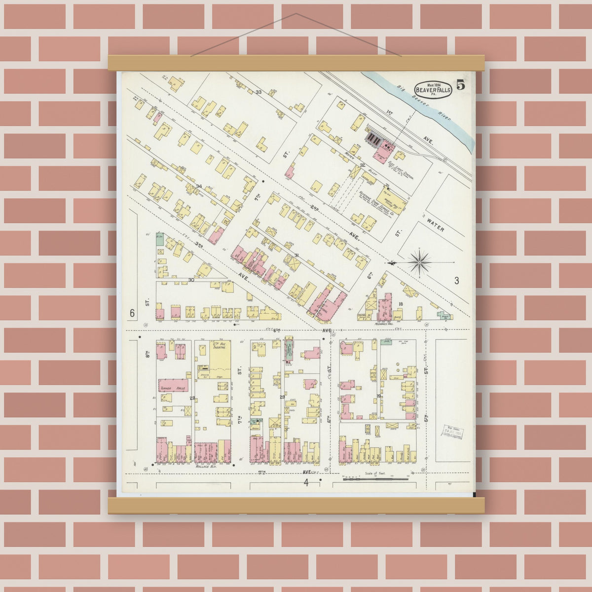 Old map wall art mockup — magnetic wood frame on brick wall — Sanborn Fire Insurance Map from Beaver Falls, Beaver County, Pennsylvania (1896), Sheet #0005